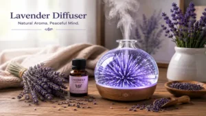 Close-up of a lavender diffuser releasing fine mist with lavender essential oil beside it