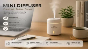 Mini diffuser placed on a desk creating a calming and refreshing atmosphere.