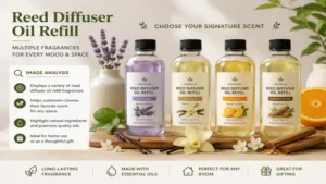 Collection of reed diffuser oil refill scents including lavender, vanilla, citrus, and jasmine fragrance options