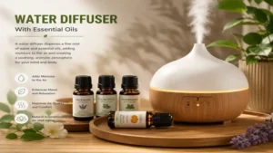 water diffuser with essential oil bottles arranged beside it for aromatherapy and wellness benefits