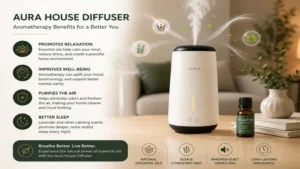 Aura house diffuser dispersing aromatherapy scents throughout a comfortable home
