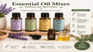 Essential oil mixes recipes showing popular blends for sleep, focus, energy, and stress relief