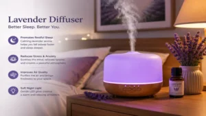 lavender diffuser on a bedside table helping create a calm and peaceful bedroom environment