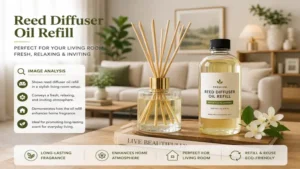 Elegant reed diffuser oil refill displayed in a stylish living room to maintain a fresh and inviting atmosphere