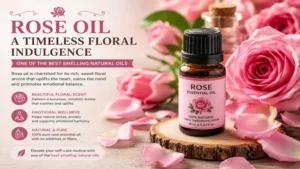 Rose essential oil surrounded by pink rose petals representing one of the best smelling natural oils with a luxurious floral fragrance