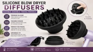 Flexible silicone blow dryer diffusers designed for travel and compact storage