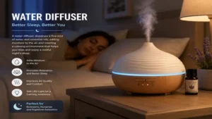 water diffuser creating a calming bedroom environment with soft mist for better sleep and relaxation