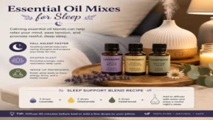 Essential oil mixes for sleep featuring lavender, chamomile, and cedarwood oils in a calming bedroom setting