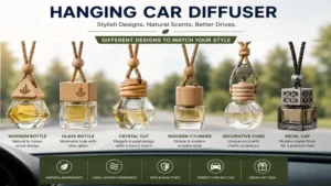Collection of hanging car diffuser designs featuring glass bottles, wooden caps, and decorative styles