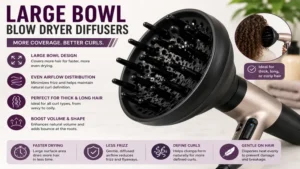 Large bowl blow dryer diffusers providing even airflow for thick and long curly hair