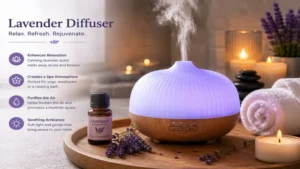 lavender diffuser in a spa-inspired setting with candles, towels, and lavender flowers