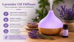 lavender oil diffuser paired with lavender essential oil and fresh lavender flowers