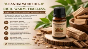 Sandalwood essential oil highlighted as one of the best smelling natural oils with a rich woody and grounding aroma