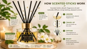 Educational infographic explaining how scented sticks absorb fragrance oil, diffuse scent, and freshen indoor spaces