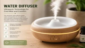 ultrasonic water diffuser producing cool mist to improve air quality and indoor comfort