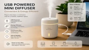 USB-powered mini diffuser connected and operating with a fine mist output.