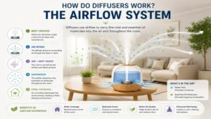 how do diffusers work by producing a cool mist that carries water and essential oils into the air