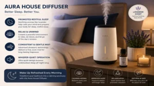 Aura house diffuser providing relaxing fragrance in a modern bedroom setting