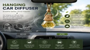 Hanging car diffuser helping eliminate odors and create a pleasant fragrance during daily driving