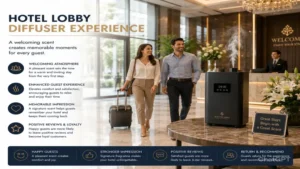 Guests enjoying a comfortable atmosphere enhanced by a hotel lobby diffuser in an elegant hotel setting