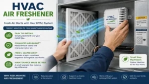hvac air freshener positioned near an HVAC filter during routine maintenance