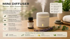 Mini diffuser used with essential oils for a relaxing aromatherapy experience.