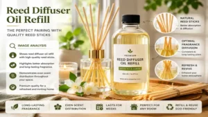 High-quality reed diffuser oil refill paired with natural reed sticks for optimal scent absorption and diffusion