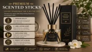 Premium scented sticks infographic highlighting long-lasting fragrance, natural ingredients, and decorative benefits
