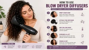 Person using blow dryer diffusers to dry curly hair with low heat for defined curls and less frizz