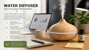 water diffuser placed on an office desk to support focus, productivity, and fresh indoor air
