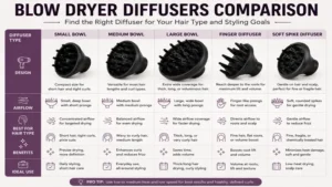 Comparison of blow dryer diffusers with different bowl sizes and prong designs for various hair types