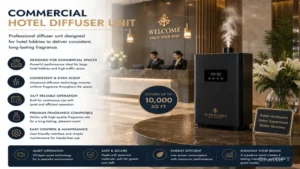 Commercial hotel lobby diffuser unit delivering consistent fragrance performance for high-traffic lobby areas