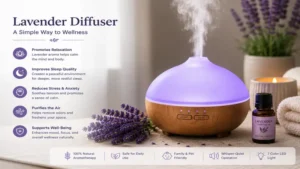 Infographic showing the key benefits of a lavender diffuser for relaxation and aromatherapy