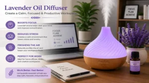 lavender oil diffuser creating a calm and productive home office workspace