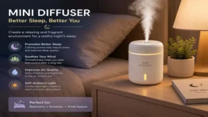 Mini diffuser enhancing comfort and air freshness in a cozy bedroom.