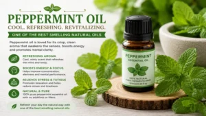 Peppermint essential oil displayed as one of the best smelling natural oils offering a cool, refreshing, and energizing fragrance