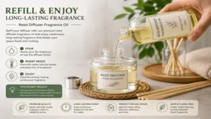 reed diffuser fragrance oil refill bottle being poured into a reusable home fragrance diffuser
