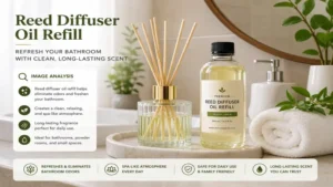 Refreshing reed diffuser oil refill placed in a bathroom to create a clean, relaxing, spa-like atmosphere