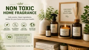 non toxic home fragrance collection with room spray, diffuser, candle, and essential oils on a wooden shelf