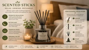 Informative guide showing how scented sticks promote relaxation, better sleep, and a calming bedroom environment