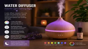 water diffuser featuring colorful LED lighting and gentle mist for a soothing ambiance