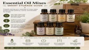 Essential oil mixes stored in organized amber bottles with labels for safe and long-term preservation