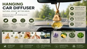 Elegant hanging car diffuser enhancing a clean and stylish car interior with refreshing aroma