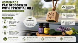 homemade essential oil car deodorizer crafted with wooden diffuser and aromatic oils