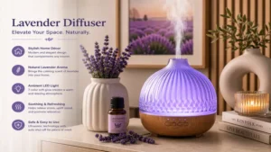 lavender diffuser filling a cozy home interior with calming lavender aroma and gentle mist
