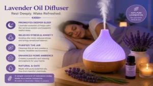 lavender oil diffuser operating at night with gentle mist and soft ambient lighting for better sleep