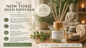 non toxic reed diffuser displayed in a wellness space with a calming natural aroma