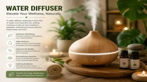 water diffuser in a wellness space surrounded by plants and natural decor for relaxation and mindfulness