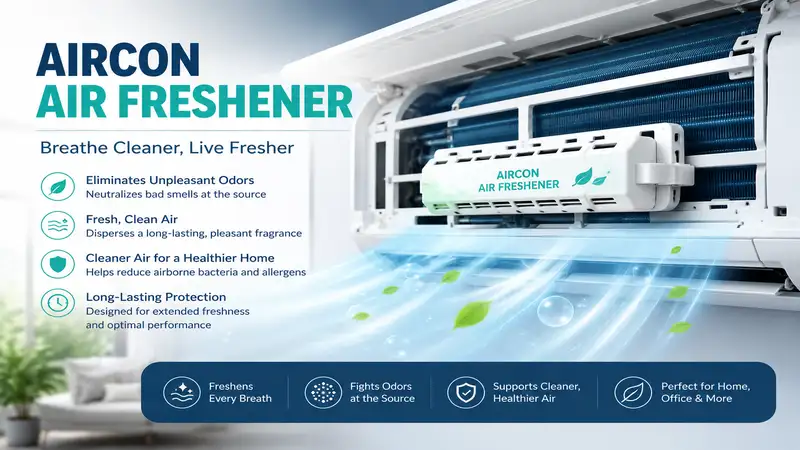 Aircon air freshener installed in a home air conditioning unit for cleaner and fresher indoor air.