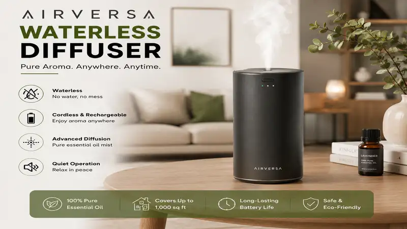 Airversa waterless diffuser delivering cordless essential oil diffusion in a modern living room